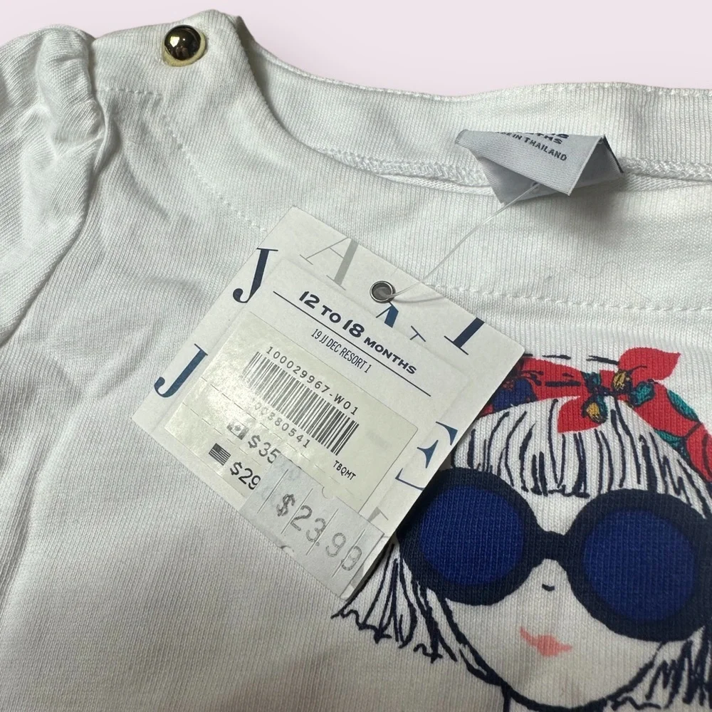 NWT Baby Janie And Jack Girl In Sunglasses White 3/4 Sleeve Top Gold Accents